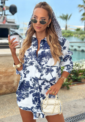 Flamingo Bay white and navy blue patterned shirt and shorts set with viscose