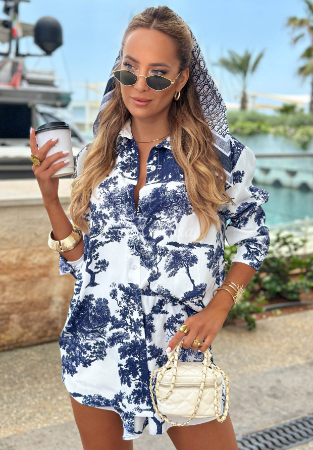 Flamingo Bay white and navy blue patterned shirt and shorts set with viscose