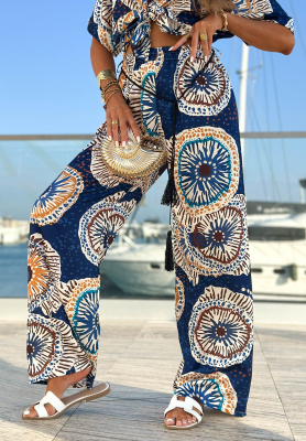 Navy blue wide-leg satin pants with Ocean Fresco patterns