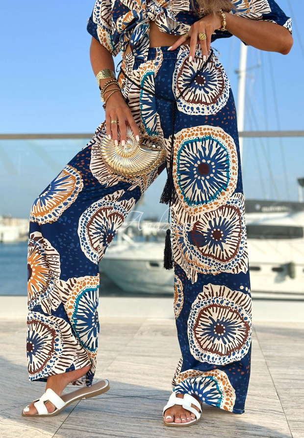 Navy blue wide-leg satin pants with Ocean Fresco patterns
