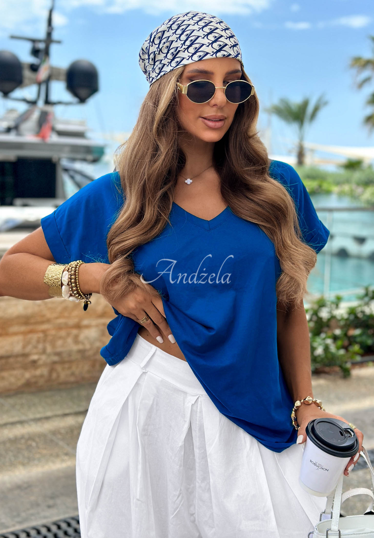 Cobalt Blue Sea Sailing V-neck Cotton T-shirt