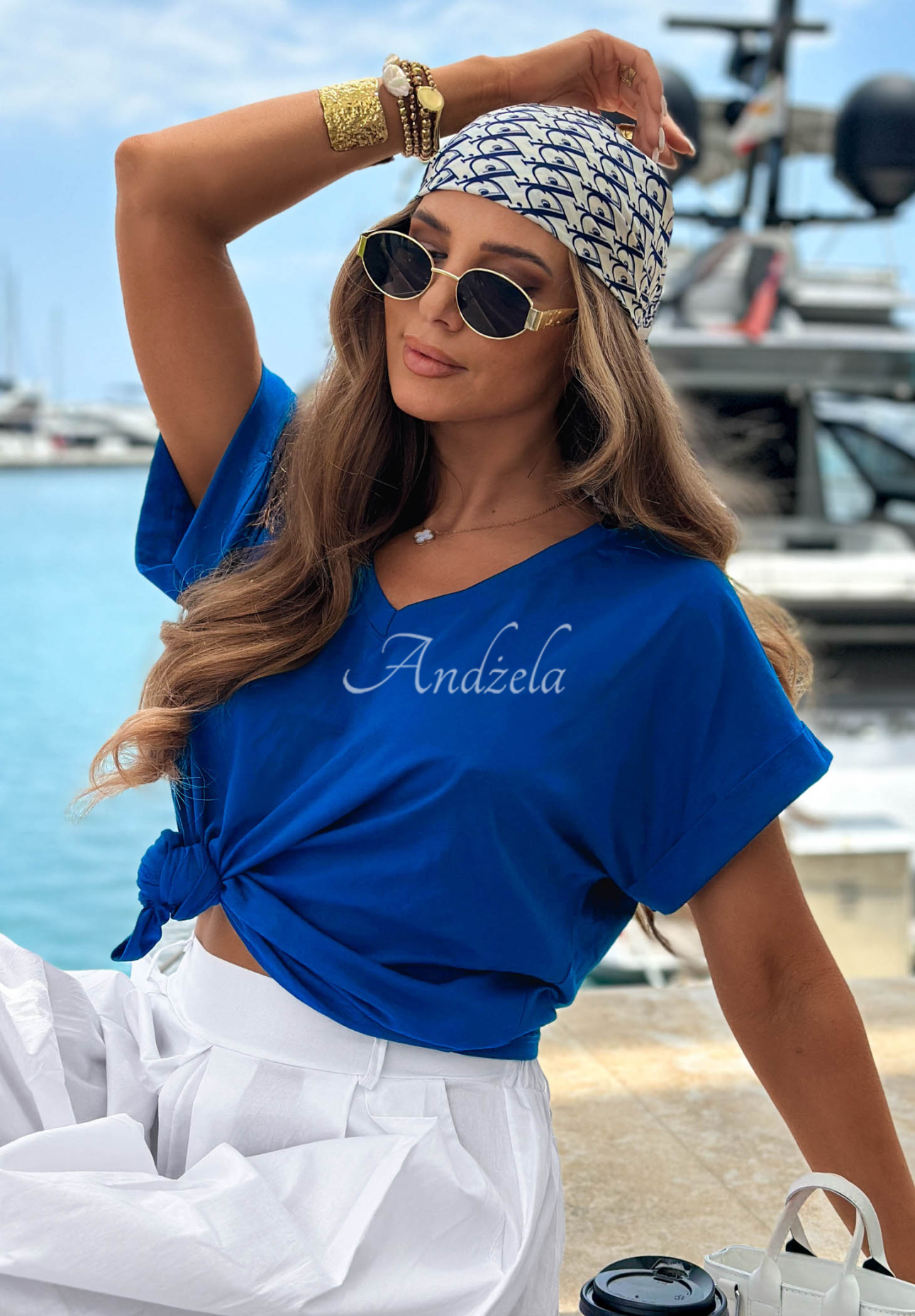 Bawełniany T-shirt z dekoltem w serek Sea Sailing kobaltowy