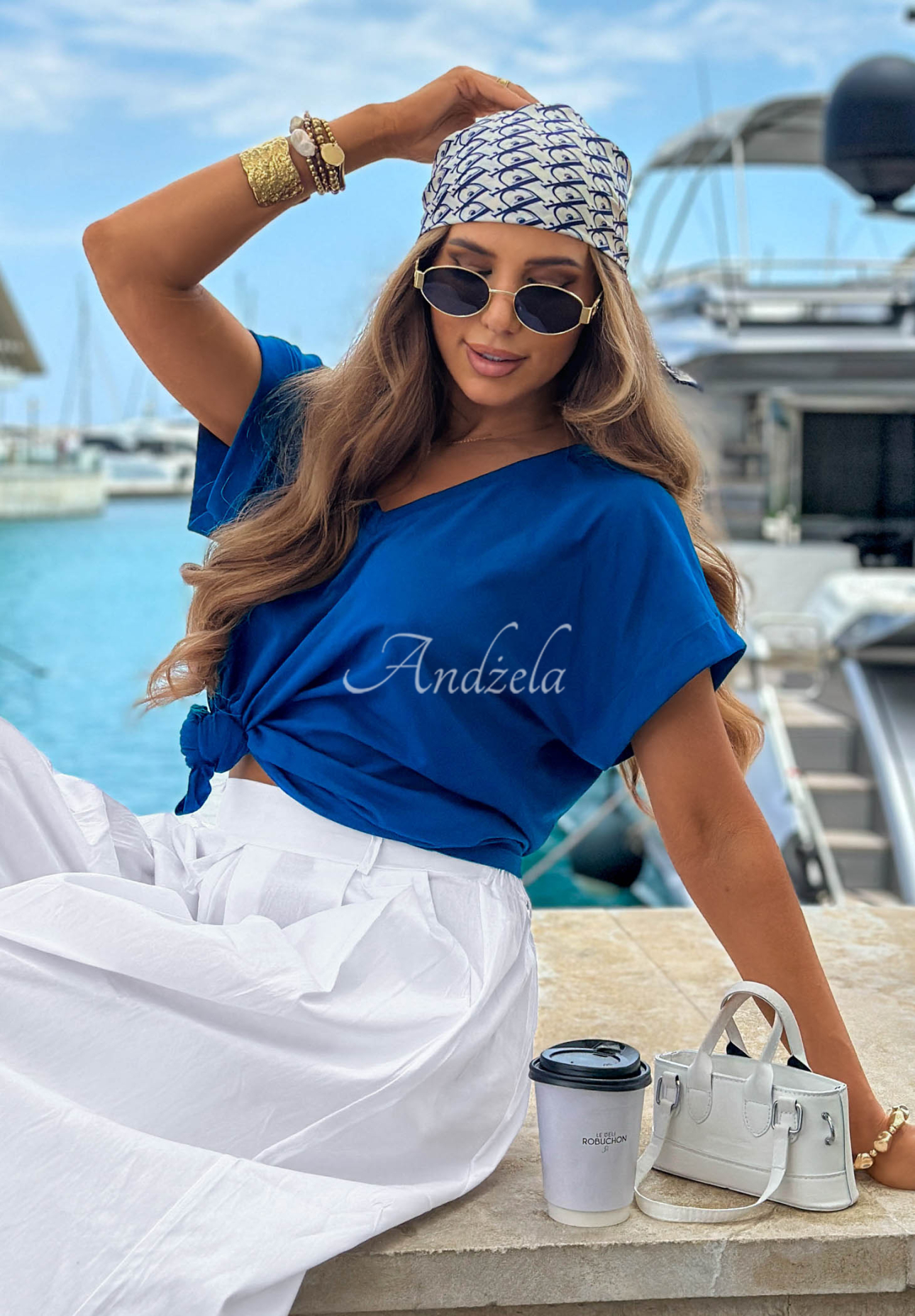 T-shirt z dekoltem w serek Sea Sailing kobaltowy