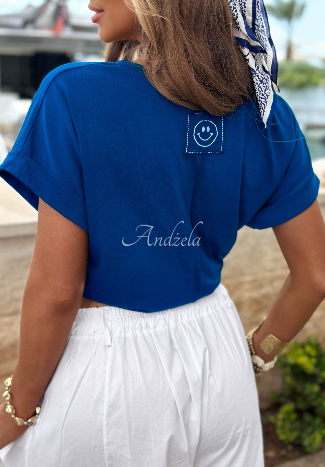 Bawełniany T-shirt z dekoltem w serek Sea Sailing kobaltowy