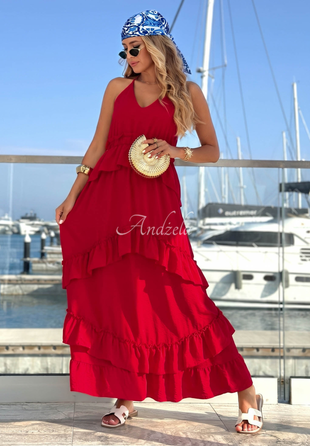Sunny Twist Red Viscose Maxi Dress with Ruffles