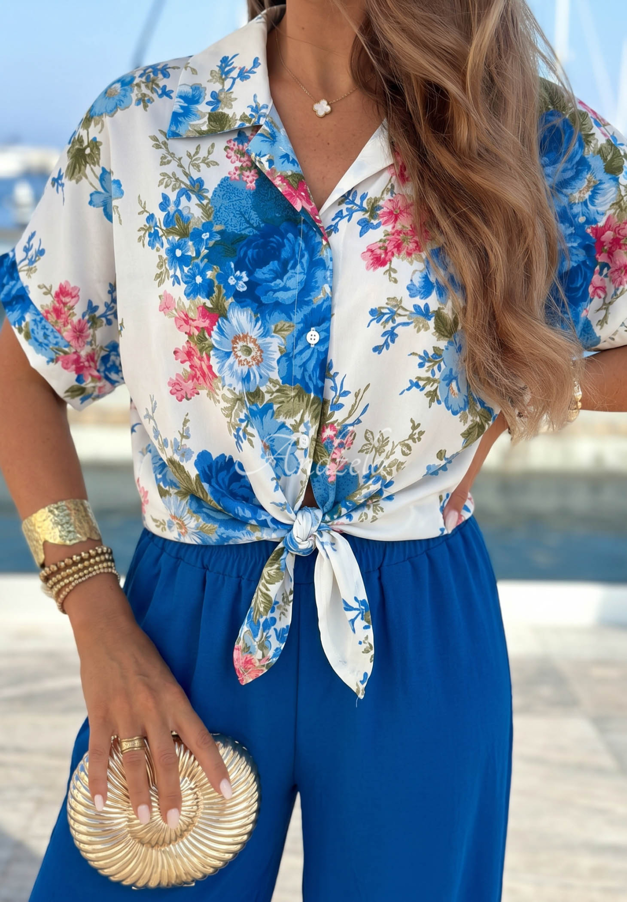 Flora Breeze white and cobalt blue floral viscose shirt and pants set