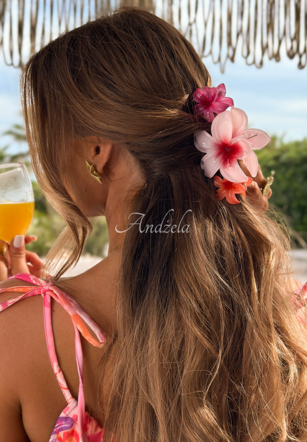 Zestaw spinek 3w1 kwiatowe klamry do włos&oacute;w Aloha Flora r&oacute;żowo-pomarańczowy