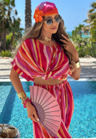 Komplet T-shirt i spodnie wide leg w kolorowe paski Water Rainbow pomarańczowo-różowy