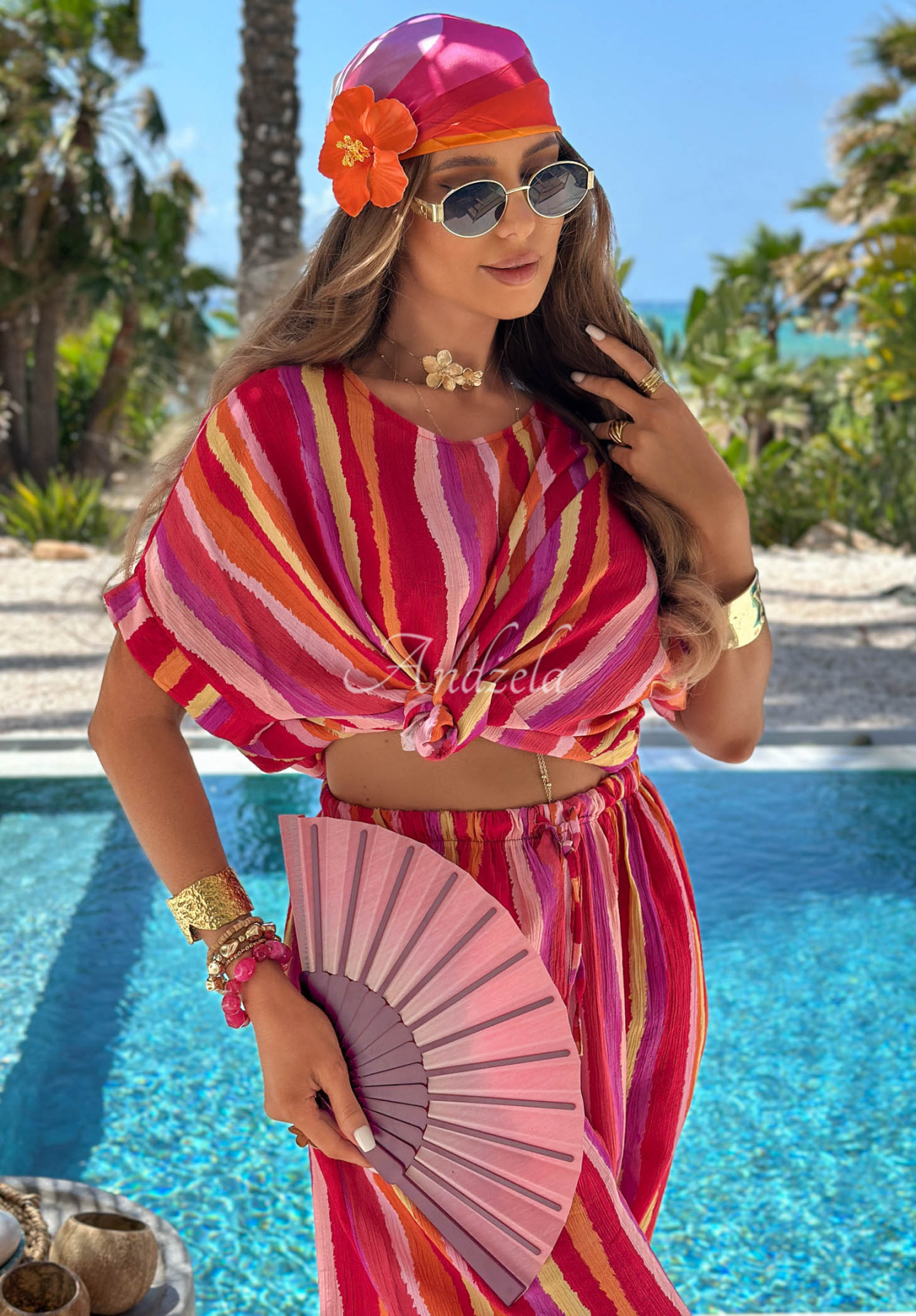 Water Rainbow orange-and-pink striped viscose T-shirt and pants set