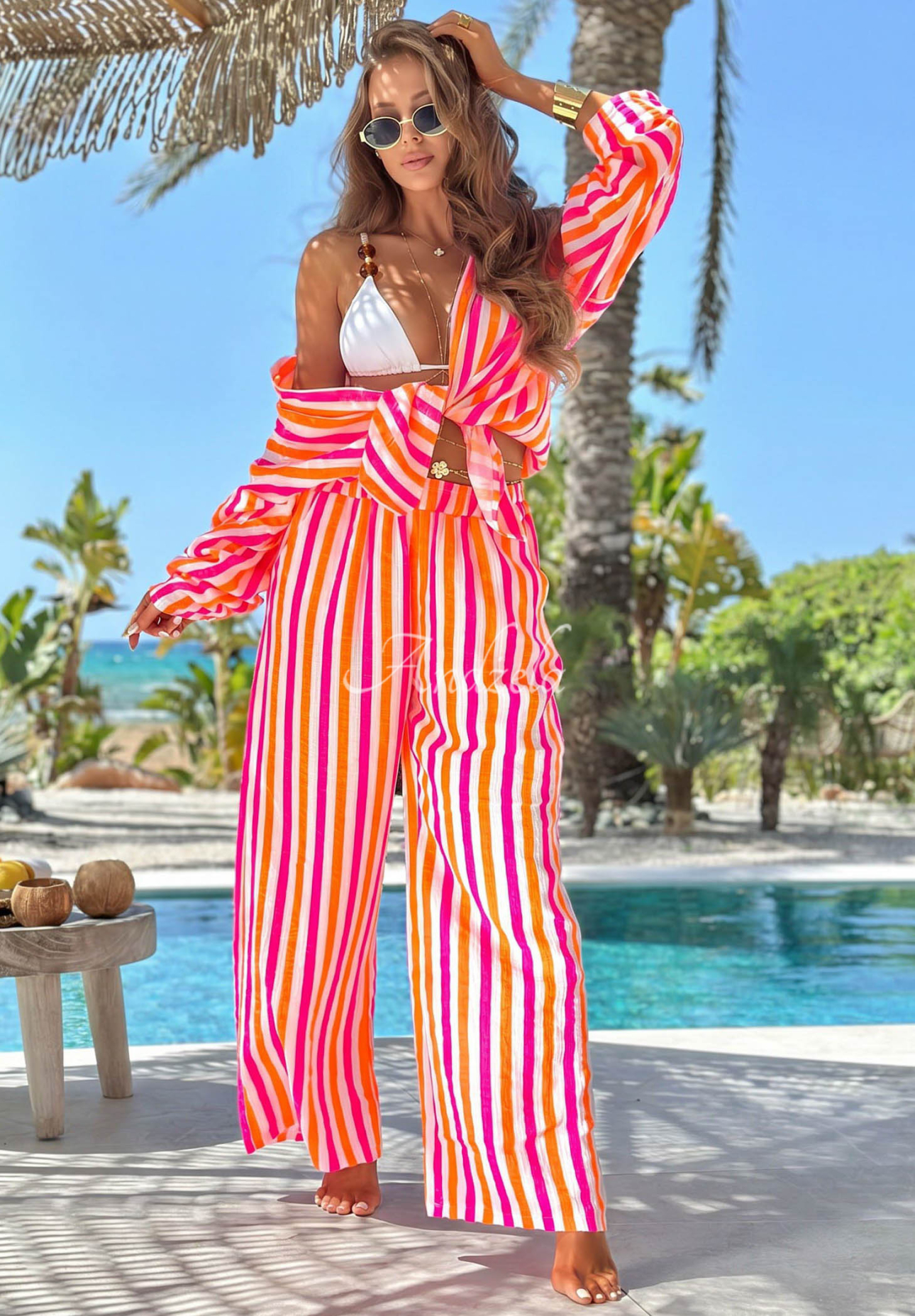 Summer Candy Orange and Pink Striped Cotton Shirt and Pants Set