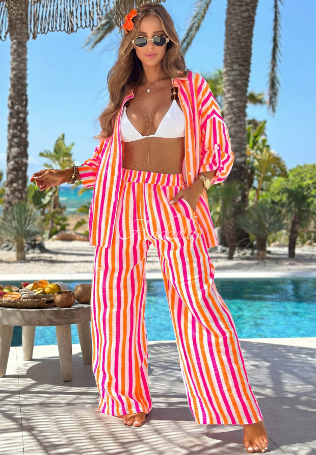 Summer Candy Orange and Pink Striped Cotton Shirt and Pants Set