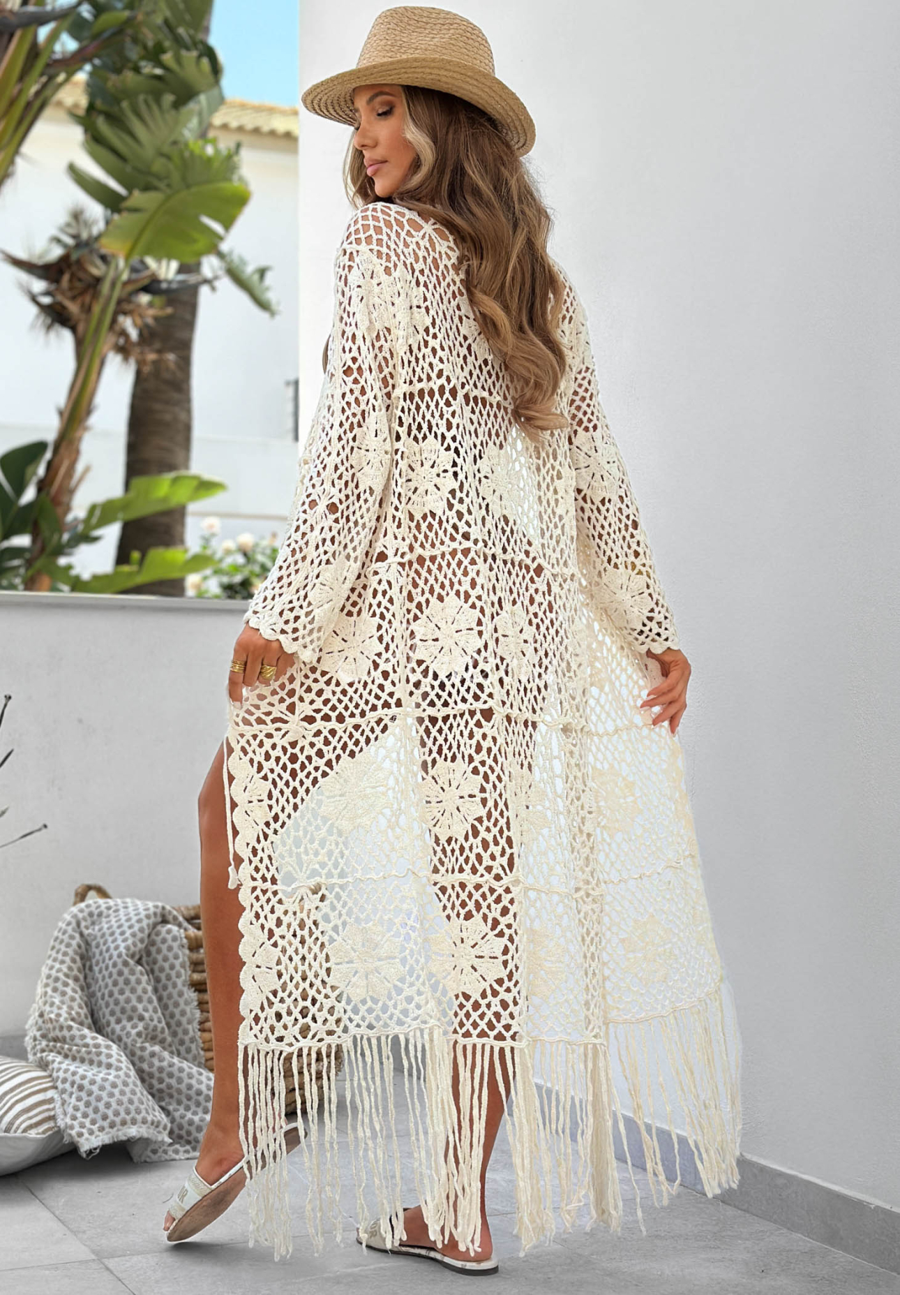 Coastal Charm Beige Openwork Cotton Beach Cover-Up