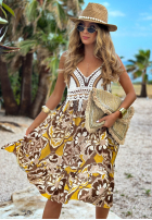 Wzorzysta sukienka na ramiączkach z ażurową górą Oahu Island czekoladowa