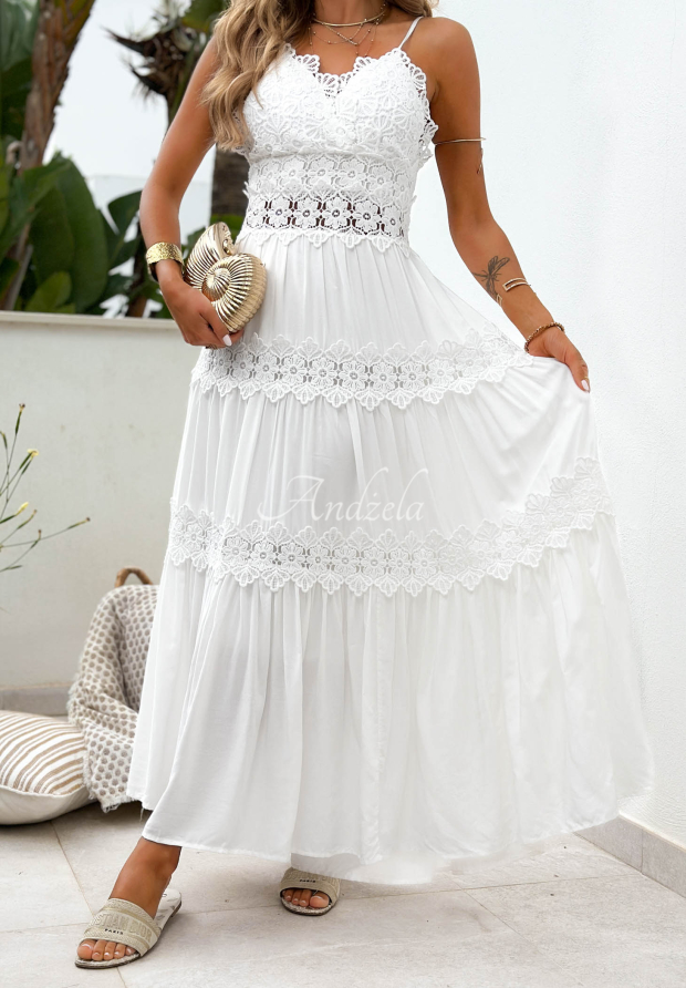 Sun Sorella ecru boho lace-trimmed viscose maxi dress with spaghetti straps