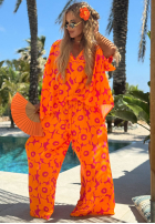 Komplet koszula i spodnie wide leg w kwiaty Haiti Flora pomarańczowo-fuksjowy