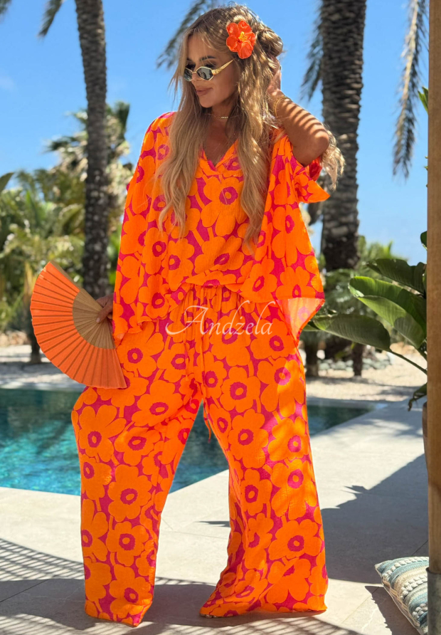 Haiti Flora Orange and Fuchsia Floral Viscose Shirt and Pants Set