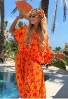 Komplet koszula i spodnie wide leg w kwiaty Haiti Flora pomarańczowo-fuksjowy