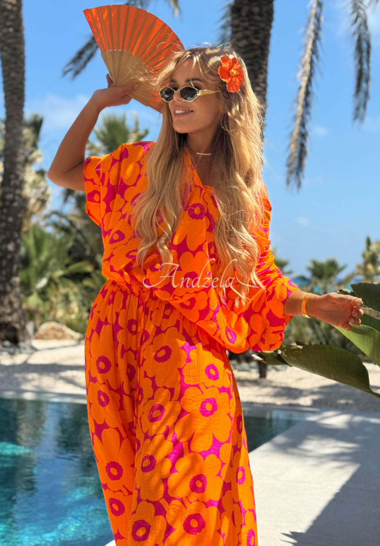 Haiti Flora Orange and Fuchsia Floral Viscose Shirt and Pants Set