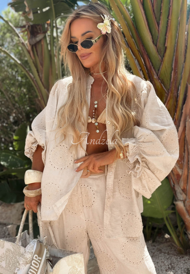 Ti Amo Beige Embroidered Asymmetrical Boho Cotton Blouse