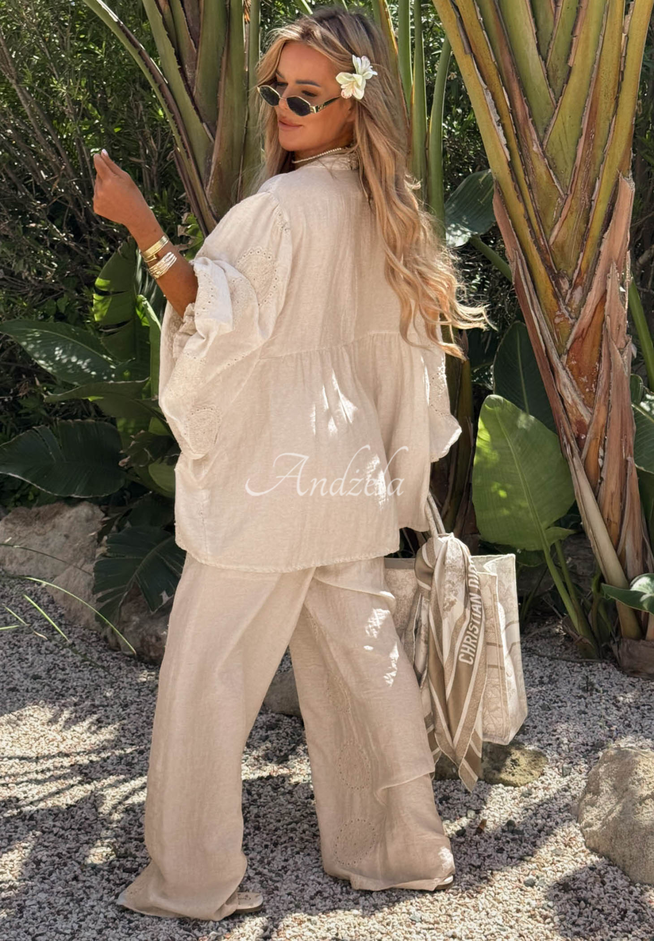 Haftowane spodnie wide leg boho Ti Amo beżowe