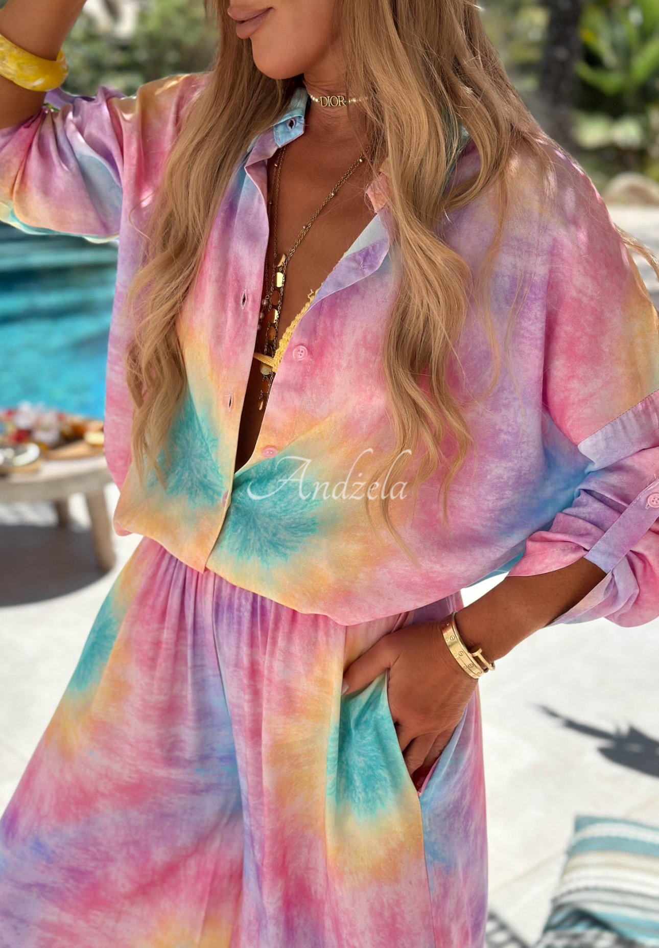 Pastel Tropics Pink and Purple Tie-Dye Wide-Leg Viscose Shirt and Pants Set