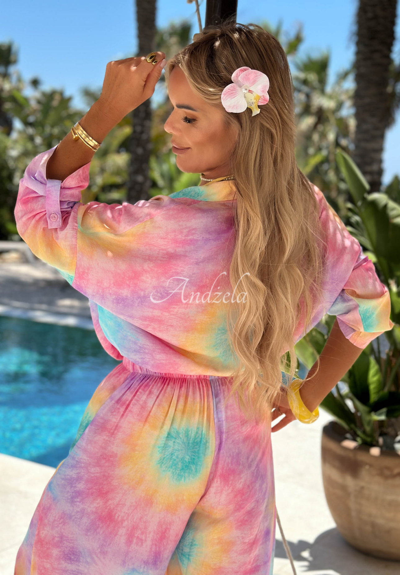 Komplet koszula i spodnie wide leg  tie dye Pastel Tropics różowo-fioletowy