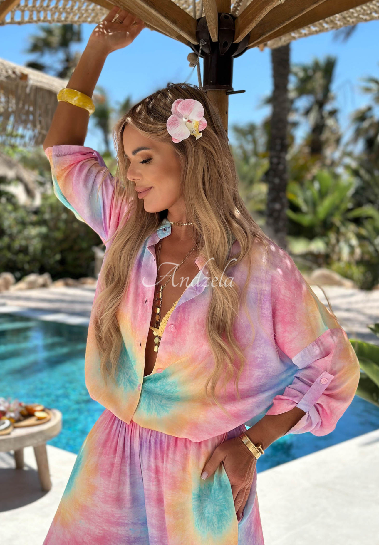 Komplet koszula i spodnie wide leg  tie dye Pastel Tropics różowo-fioletowy