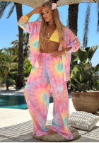 Wiskozowy komplet koszula i spodnie wide leg tie dye Pastel Tropics różowo-fioletowy