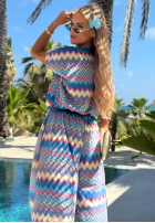 Komplet T-shirt i spodnie wide leg we wzory Colorful Waves niebieski