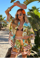 Krótkie materiałowe spodenki w egzotyczne wzory Tropical Paradise błękitno-zielone