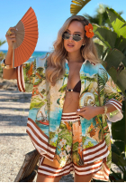 Krótkie materiałowe spodenki w egzotyczne wzory Tropical Paradise błękitno-zielone