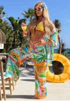 Wzorzysty komplet koszula i spodnie wide leg Aloha Paradise biało-żółty