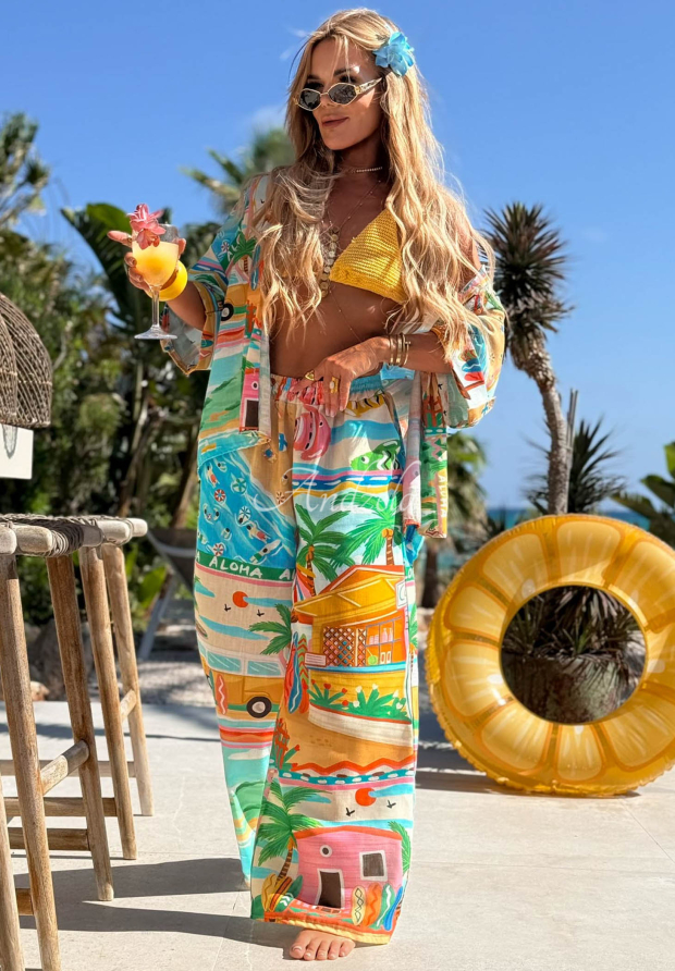 Wzorzysty komplet koszula i spodnie wide leg z bawełną i lnem Aloha Paradise beżowo-błękitny