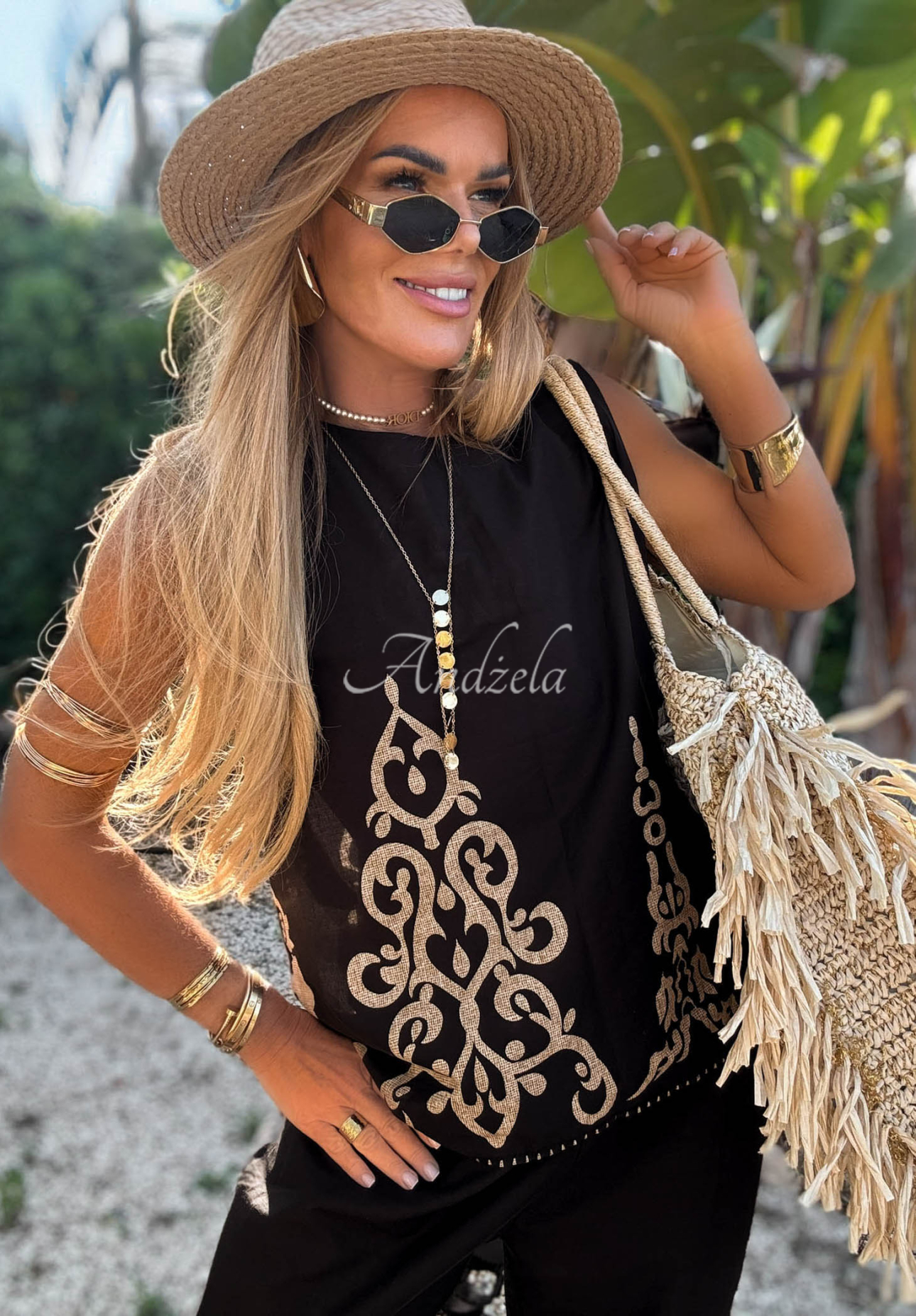 Palm Residence black patterned cotton set (top and wide-leg pants)