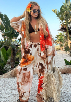 Komplet koszula i spodnie wide leg w kwiaty Summer Poppy beżowo-czerwony