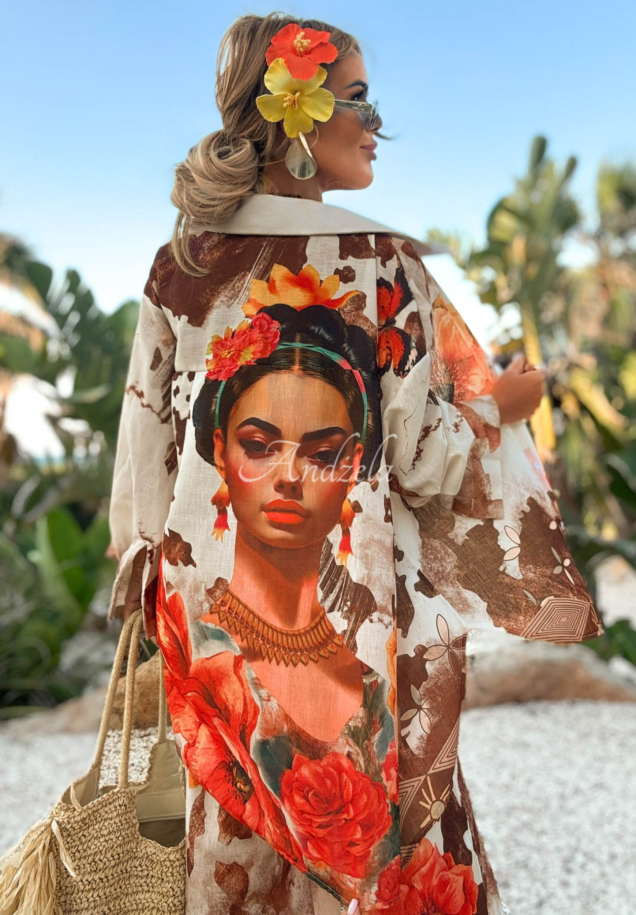 Lniany komplet koszula i spodnie wide leg w kwiaty Summer Poppy beżowo-czerwony