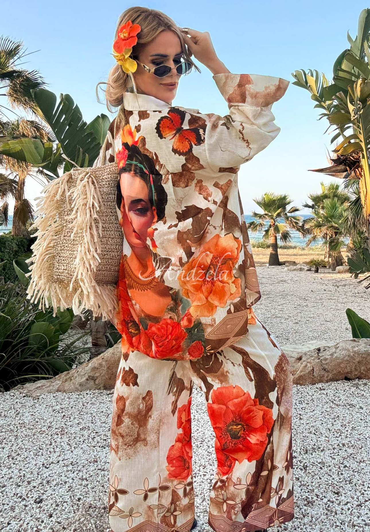 Lniany komplet koszula i spodnie wide leg w kwiaty Summer Poppy beżowo-czerwony