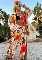 Komplet koszula i spodnie wide leg w kwiaty Summer Poppy beżowo-czerwony
