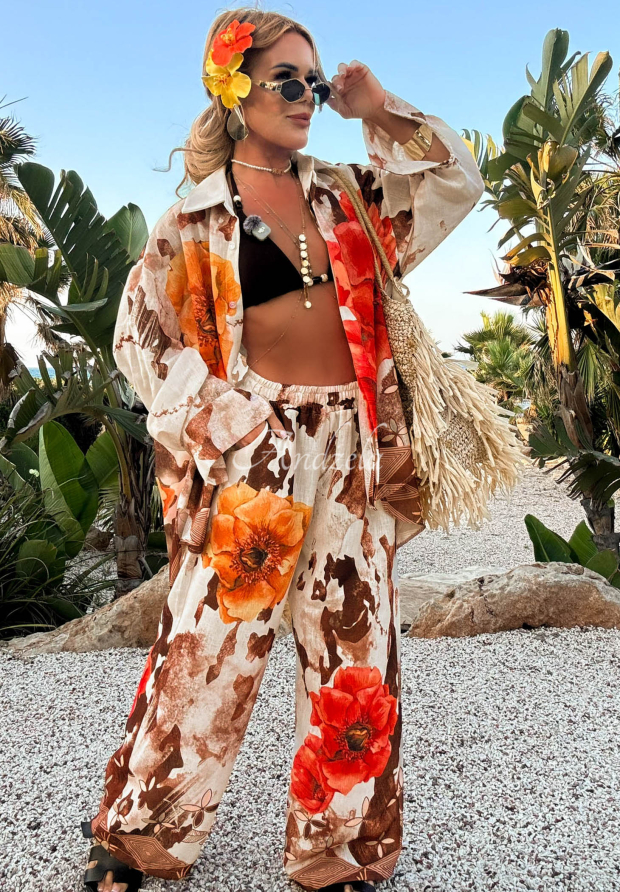 Summer Poppy beige and red floral linen shirt and wide-leg pants set