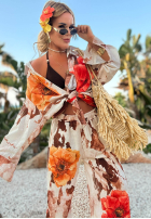 Komplet koszula i spodnie wide leg w kwiaty Summer Poppy beżowo-czerwony