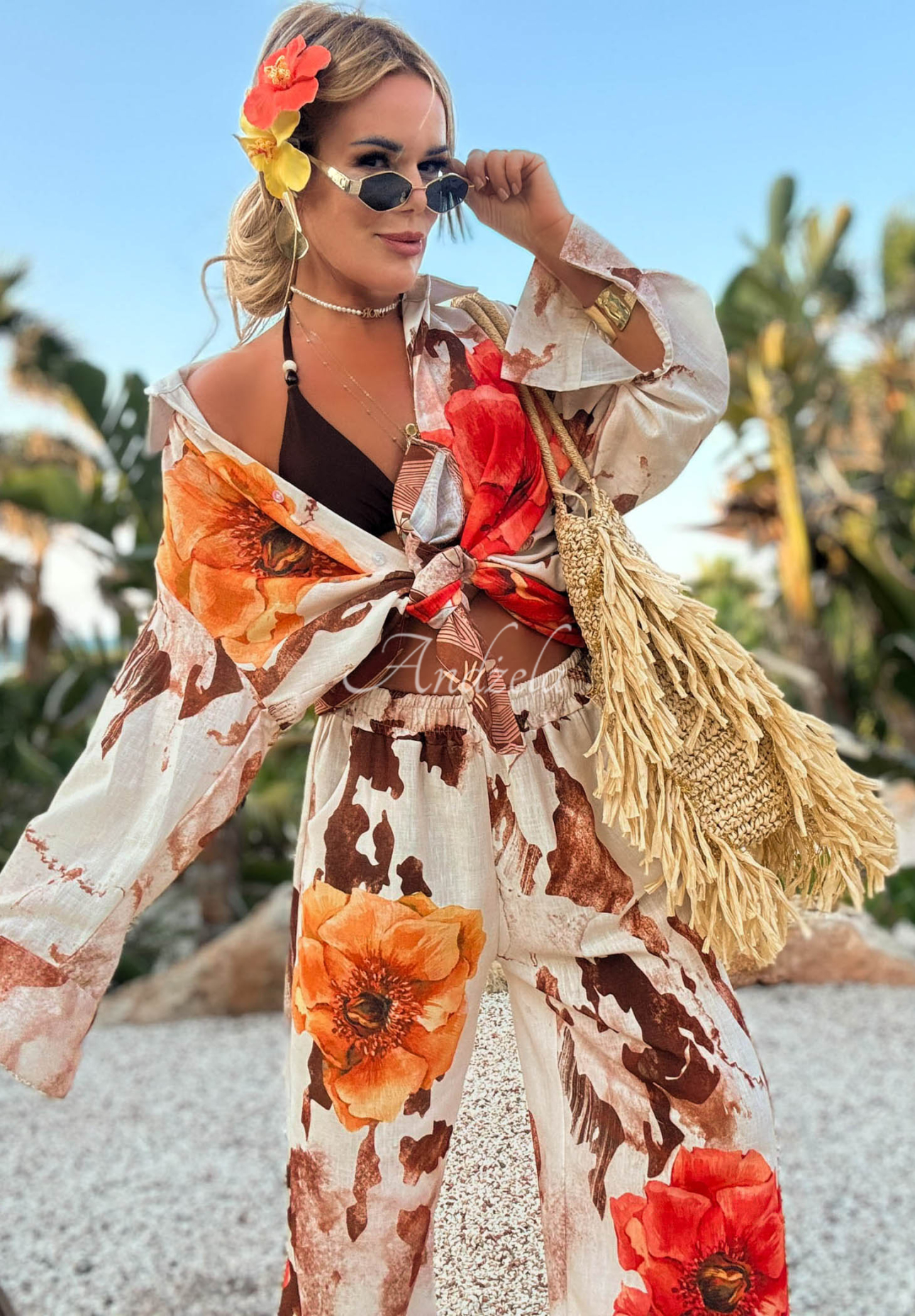 Komplet koszula i spodnie wide leg w kwiaty Summer Poppy beżowo-czerwony