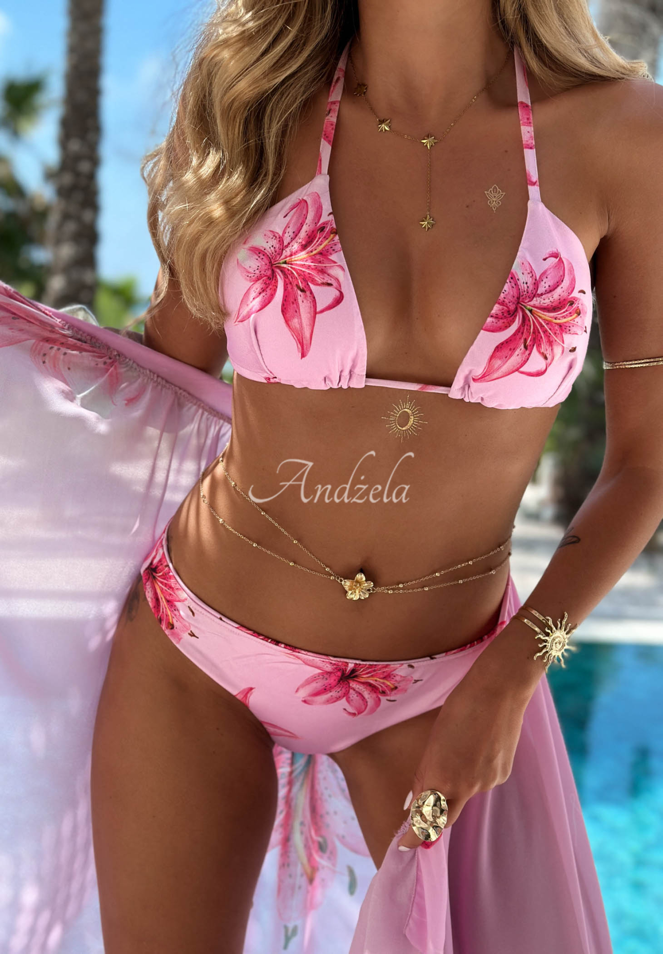 Komplet kostium kąpielowy bikini i pareo w kwiaty Aloha Mermaid różowy