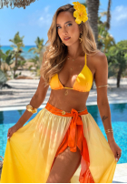 Komplet kostium kąpielowy bikini i pareo z falbankami Aloha Sunset żółto-pomarańczowy
