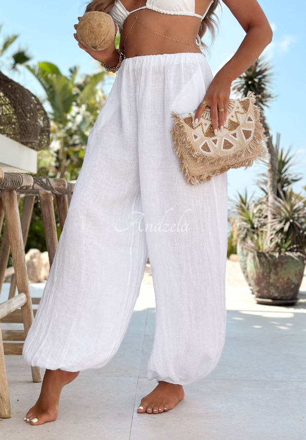 Sun Outfit White Linen Harem Pants with Cuffs