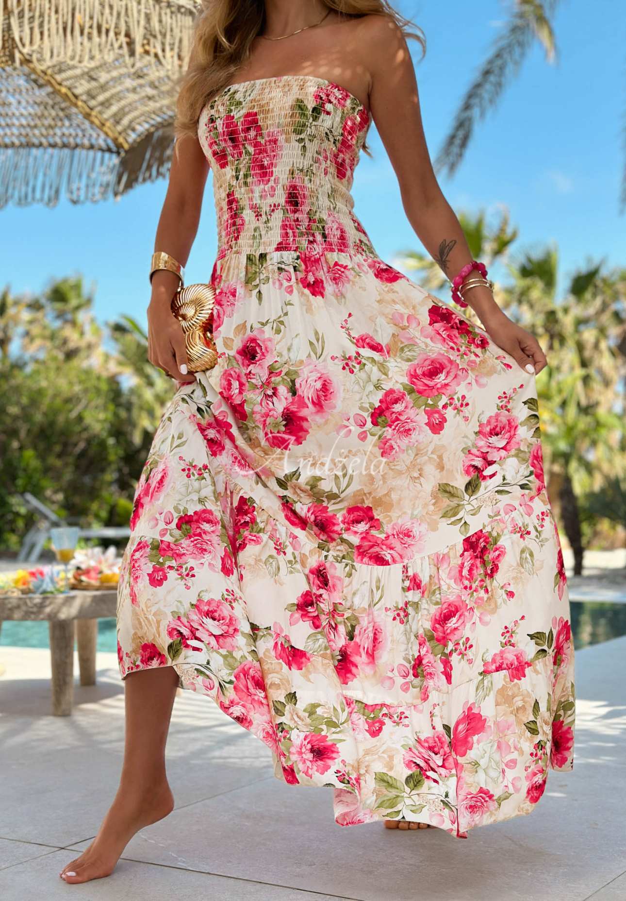 Sun Bloom ecru strapless floral maxi dress made of viscose