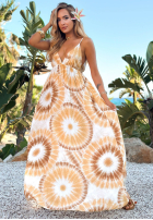 Wiskozowa sukienka maxi na ramiączkach tie dye Sandy Tropics biało-camelowa