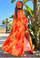 Sukienka maxi z długimi rękawami w kwiaty Aloha Bloom pomarańczowa