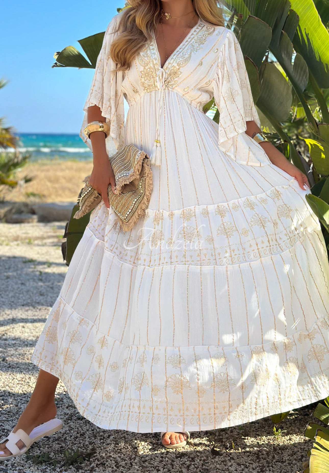 Wiskozowa Dress ze złotymi haftami boho Palm Royale ecru