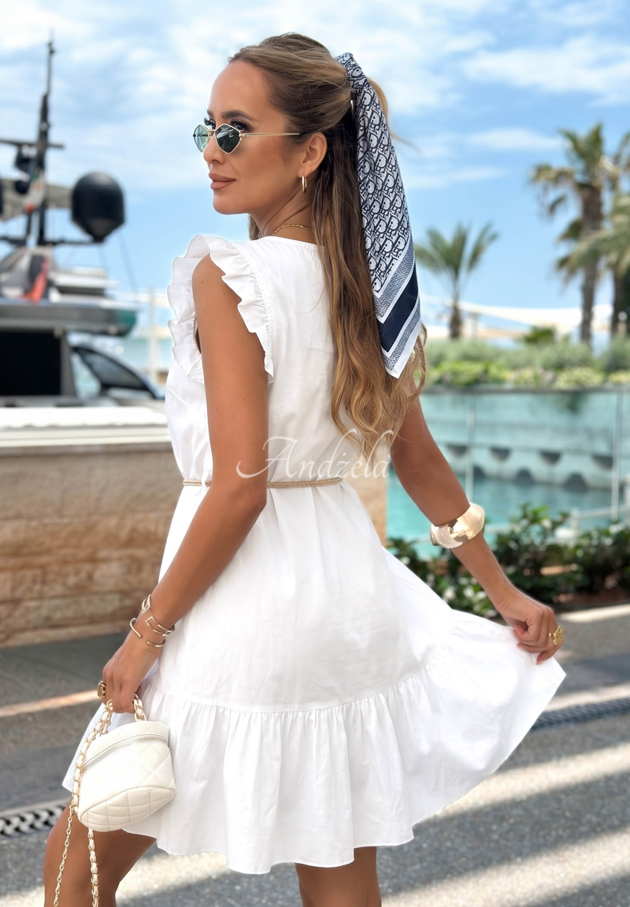 Sea Ventures White Cotton Mini Dress with Ruffles and a Belt