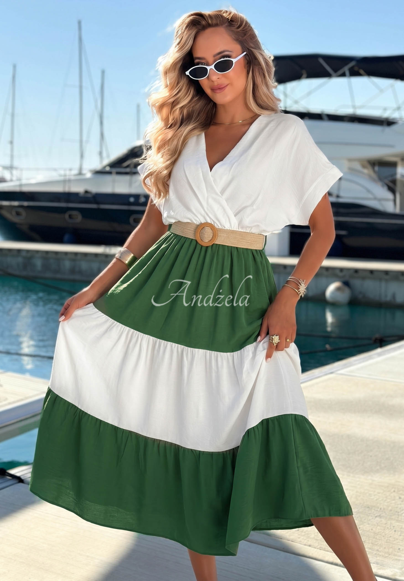 Ocean Dream white and khaki viscose midi dress with a belt